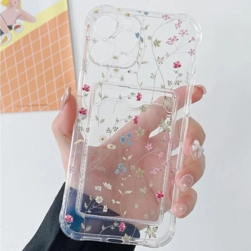 ⚠️Clearance🌟iPhone 14/Pro/Pro Max Clear Floral Phone Case With Card Slot - Picture 1 of 4